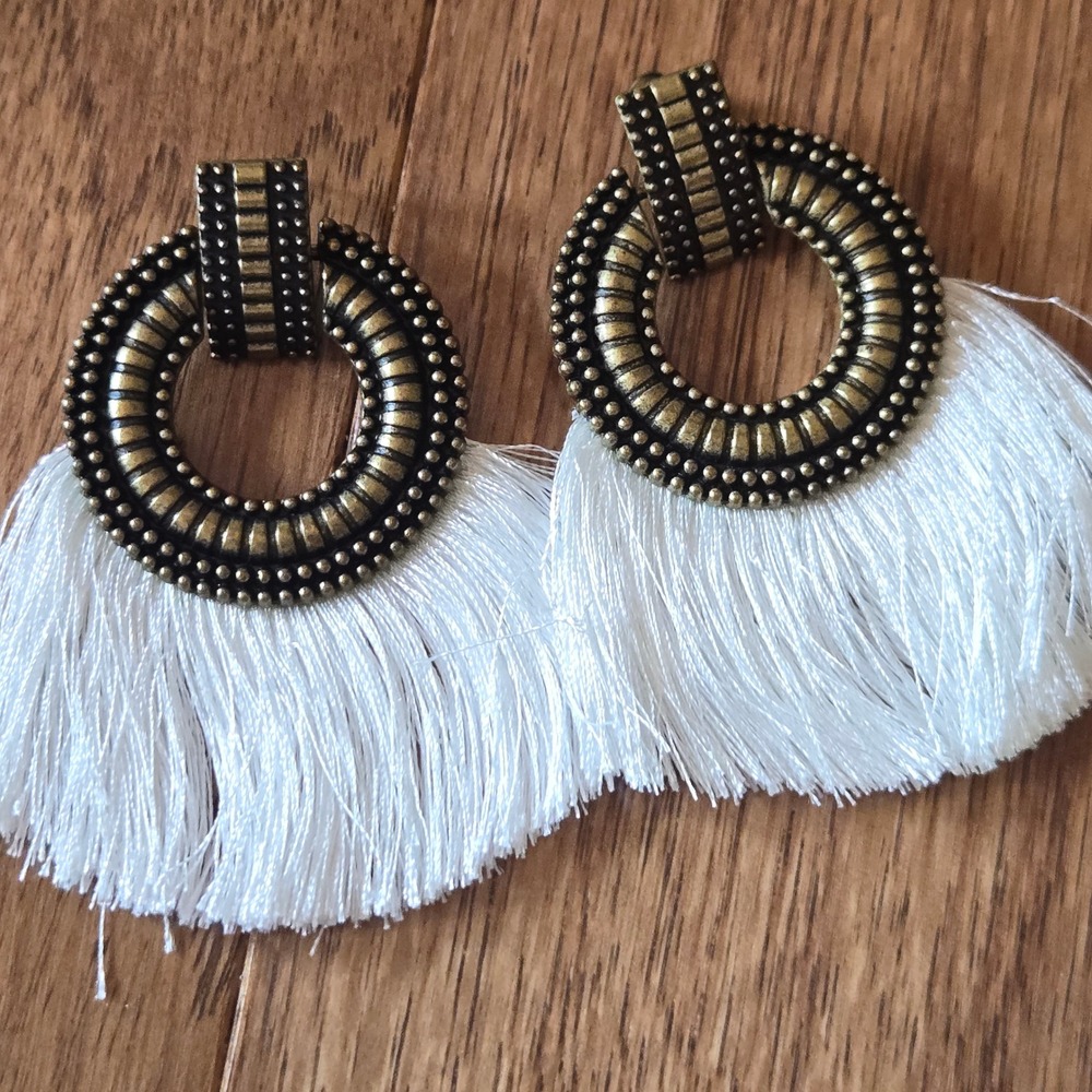 Antique Gold Tone White Tassel Fringe Statement Earrings Boho Hoop Festival